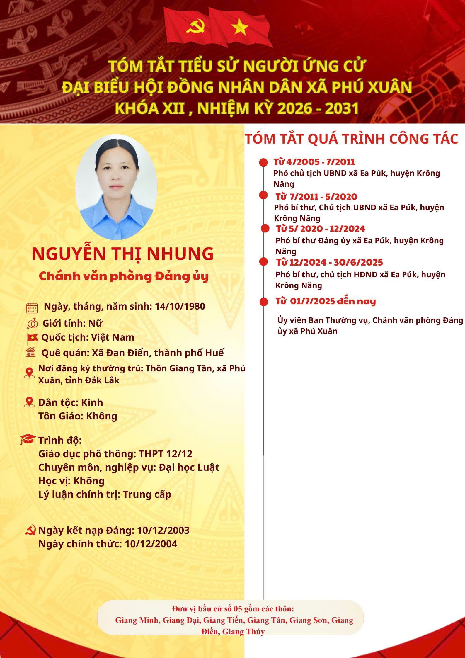 Tóm tắt tiểu sử Bà: Nguyễn Thị Nhung- Chánh văn phòng Đảng ủy xã Phú Xuân.